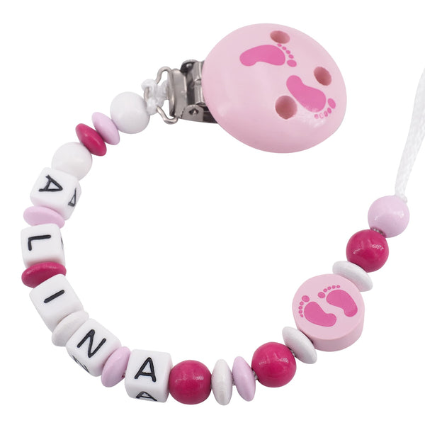 Schnullerkette mit Namen Mädchen Babyfüße rosa pink