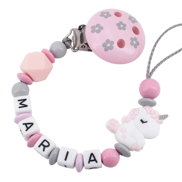 Schnullerkette mit Namen Mädchen Einhorn rosa grau